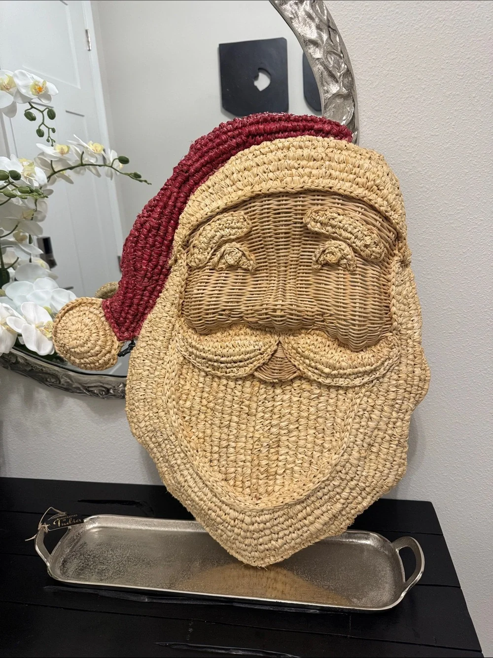 Pottery Barn Woven Santa Head Wall Hanging in Natural and Red